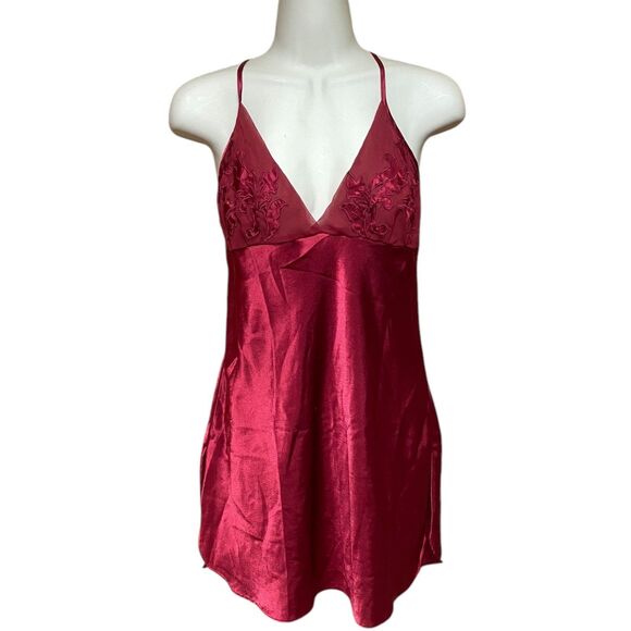 Vtg 90s Josie red mini slip dress satin racerback babydoll floral embroidered M - Picture 1 of 11